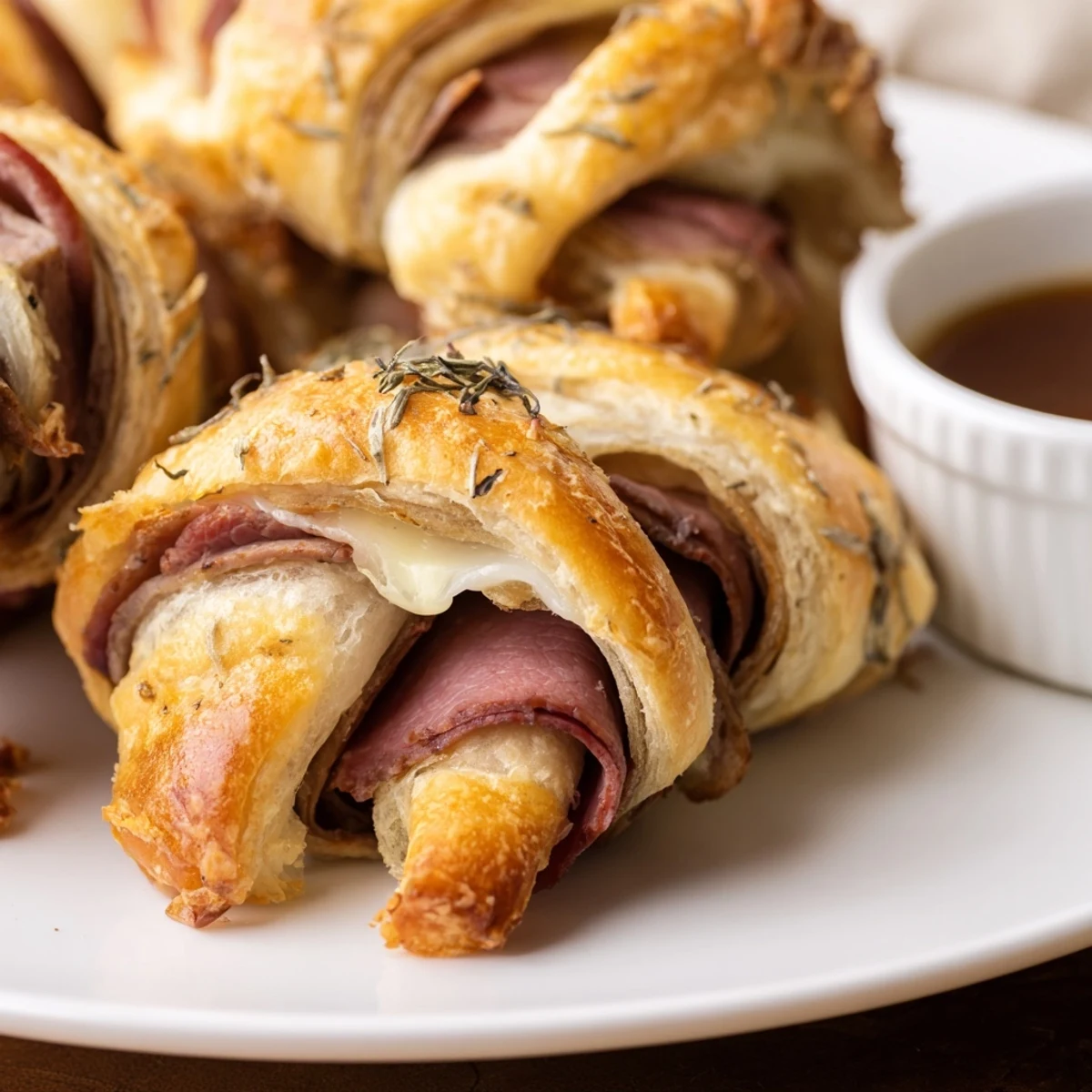 Beef and Cheese French Dip Roll Ups with melted provolone and tender roast beef inside