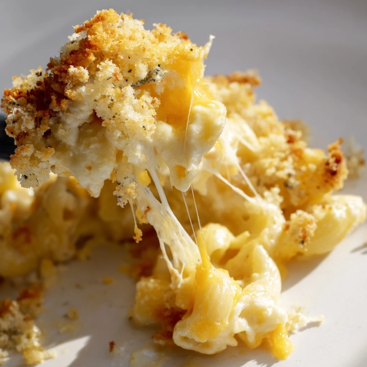 Golden three cheese baked macaroni with crispy panko topping bubbling in casserole dish