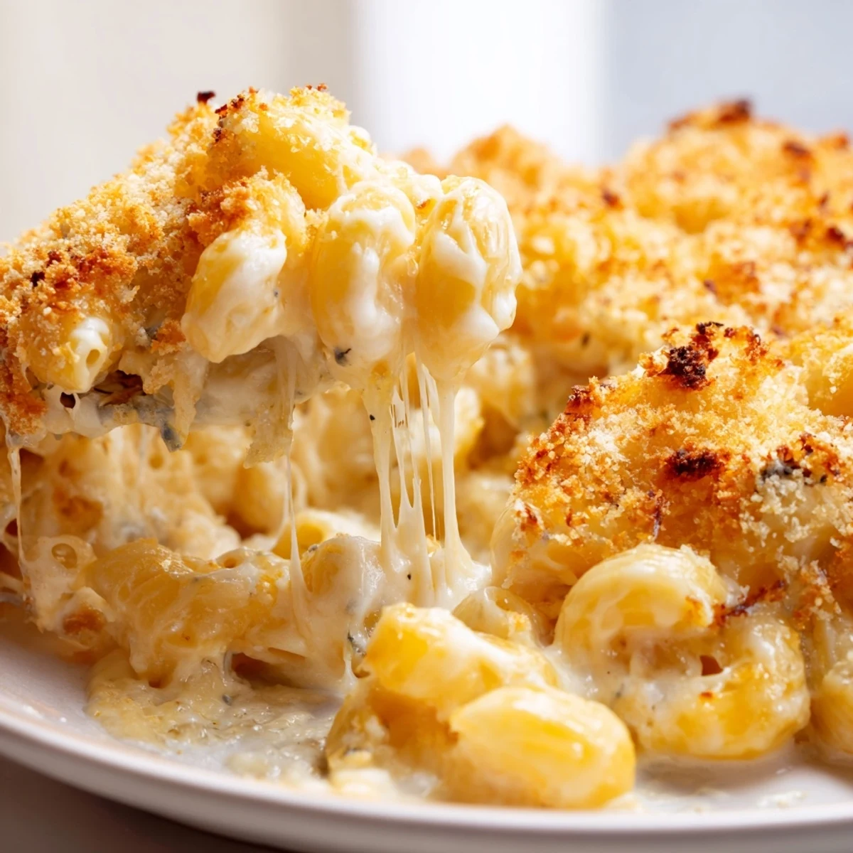 Creamy three cheese baked macaroni served in white bowl with melted cheese stretching