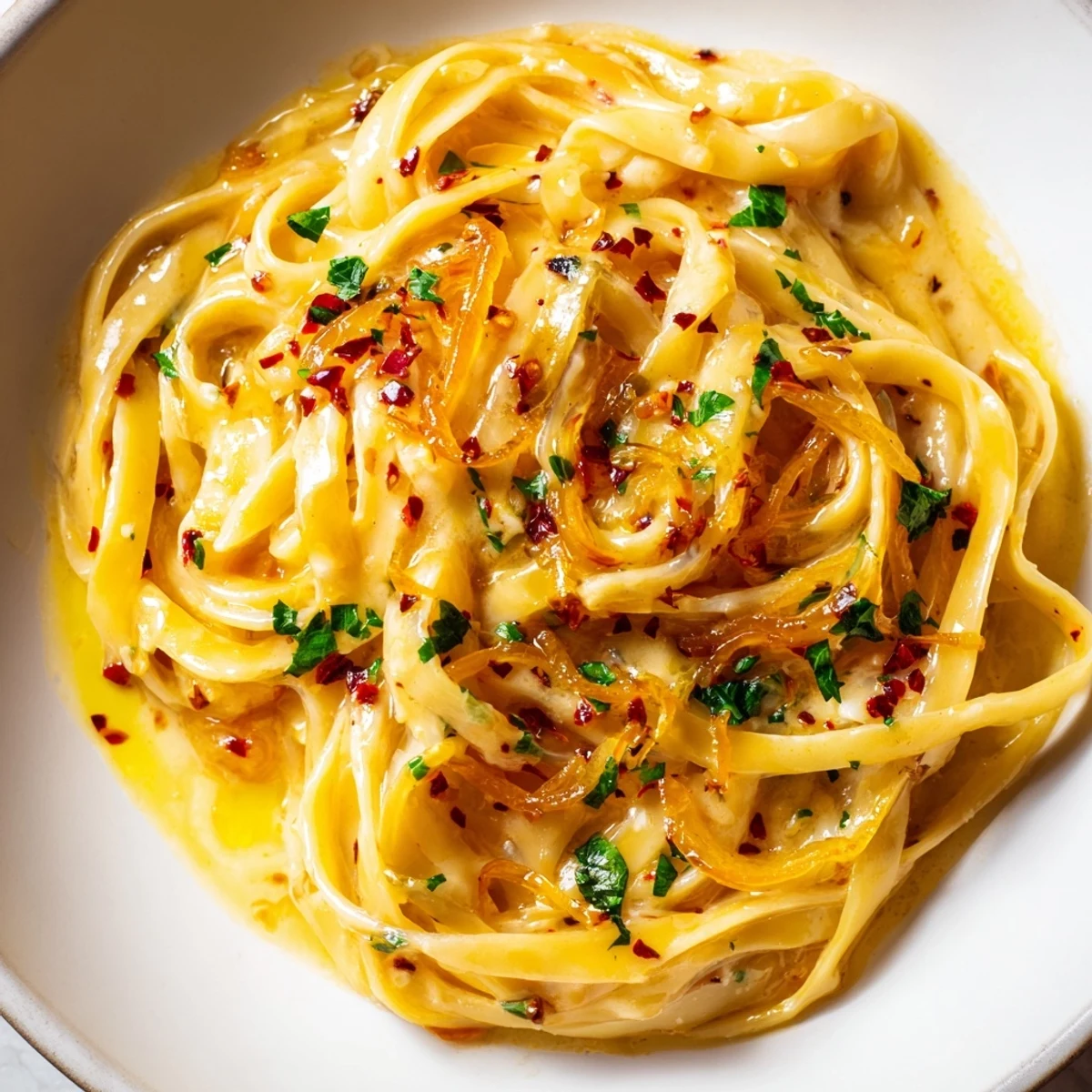 Steaming bowl of Sweet Heat Caramelized Onion Fettuccine topped with fresh parsley and Parmesan