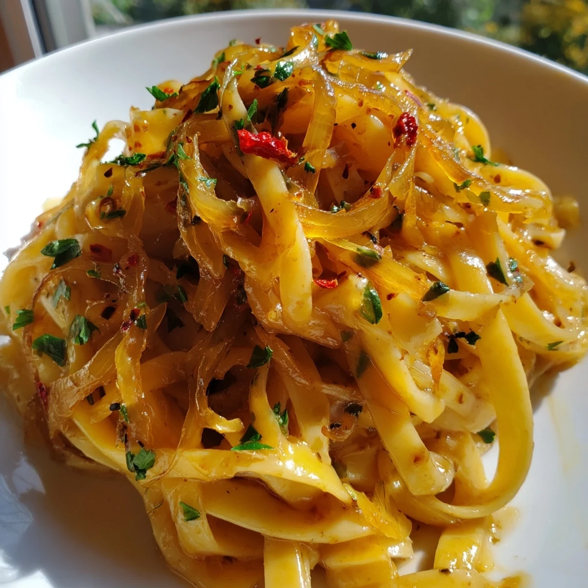 Close-up of Sweet Heat Caramelized Onion Fettuccine twirled on a fork with glossy cream coating