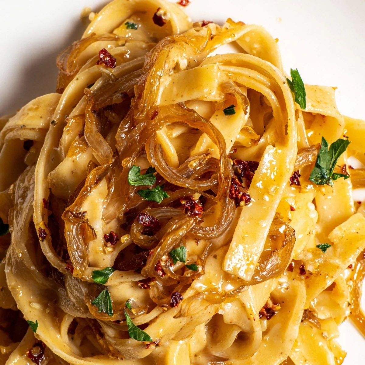 Golden caramelized onions cling to silky Sweet Heat Caramelized Onion Fettuccine in creamy sauce