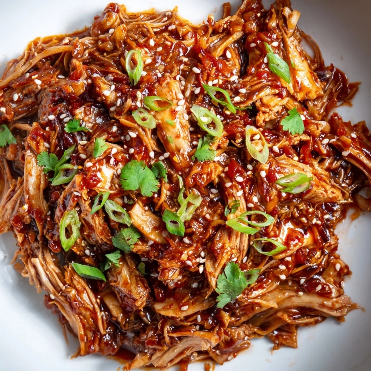 Slow Cooker Sweet Chili Chicken glazed in sticky sauce topped with green onions and sesame seeds