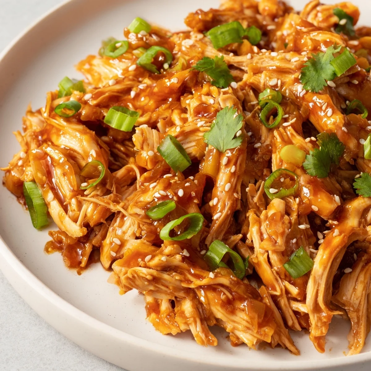 Tender shredded Slow Cooker Sweet Chili Chicken dripping with glossy Asian-inspired sauce ready for serving