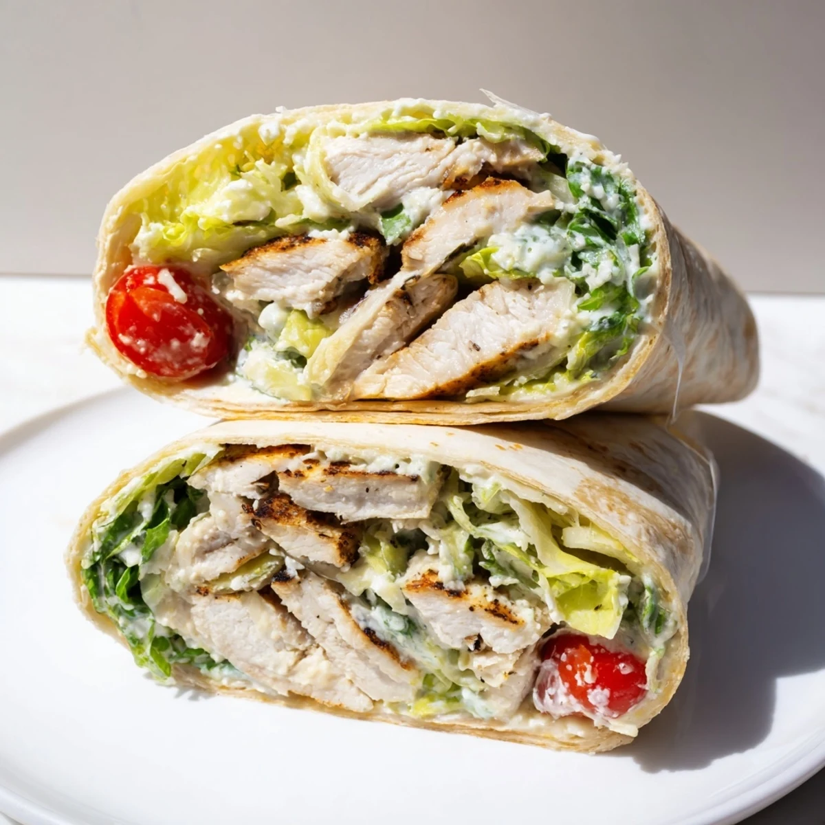 Golden grilled chicken Caesar wraps sliced in half showing crisp romaine and creamy dressing inside