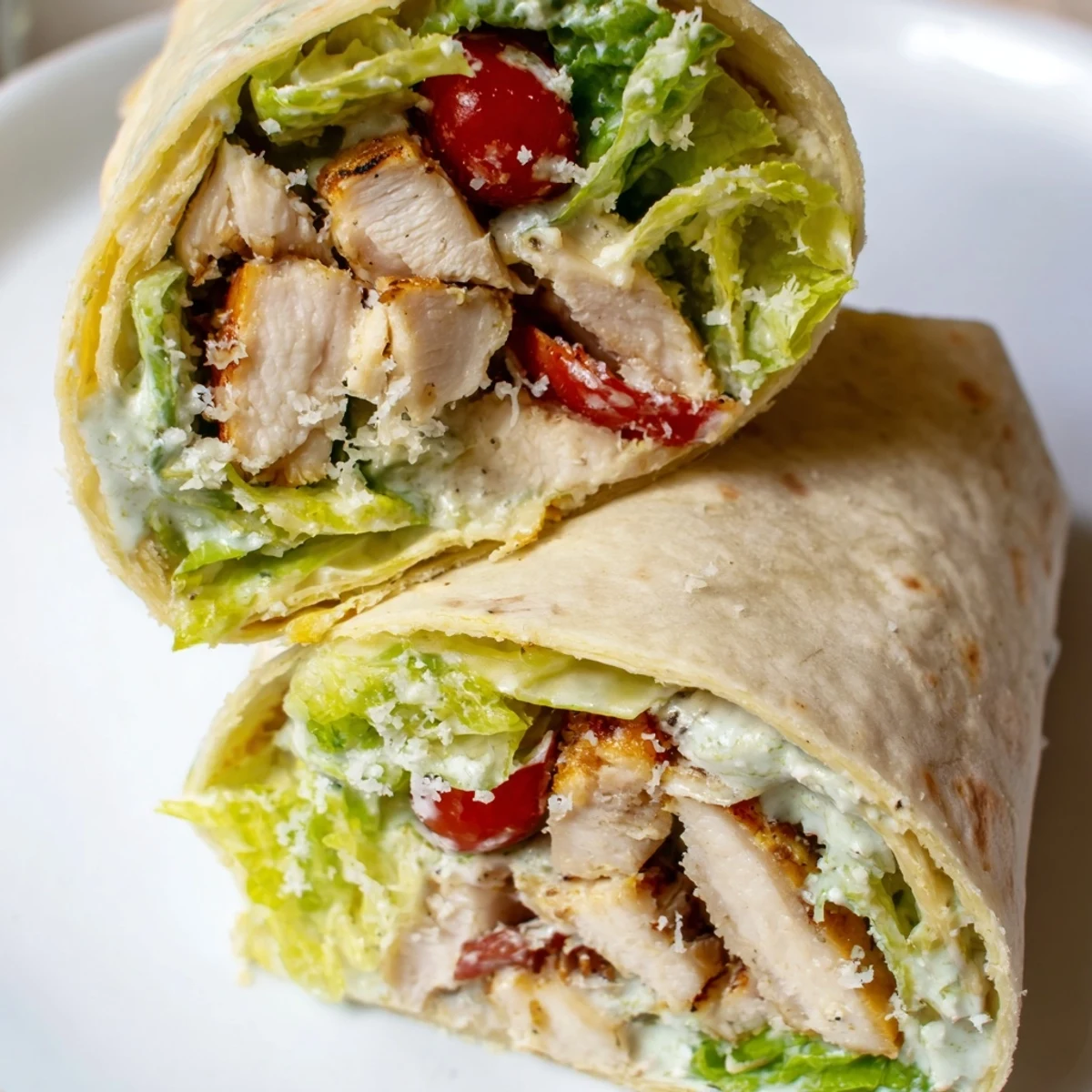 Tender chicken Caesar wraps with fresh romaine lettuce and Parmesan cheese in soft flour tortillas