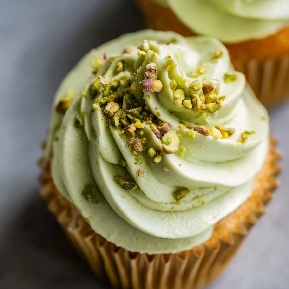 Soft pistachio cupcakes with creamy green buttercream frosting piped high on top