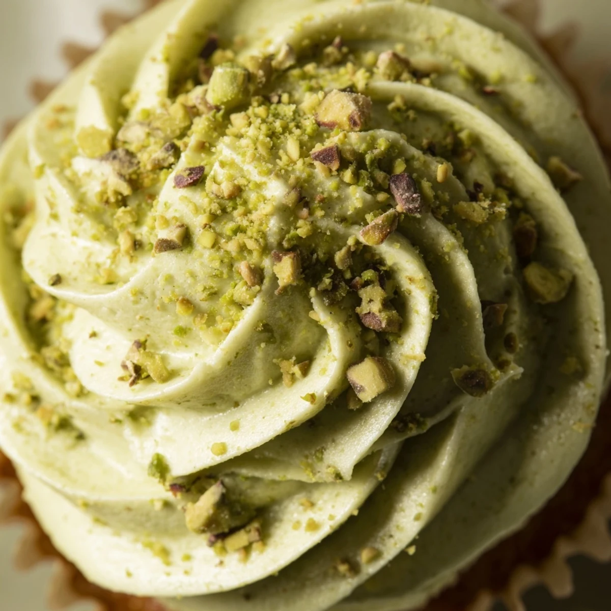 Moist pistachio cupcakes topped with swirls of velvety buttercream and chopped nuts