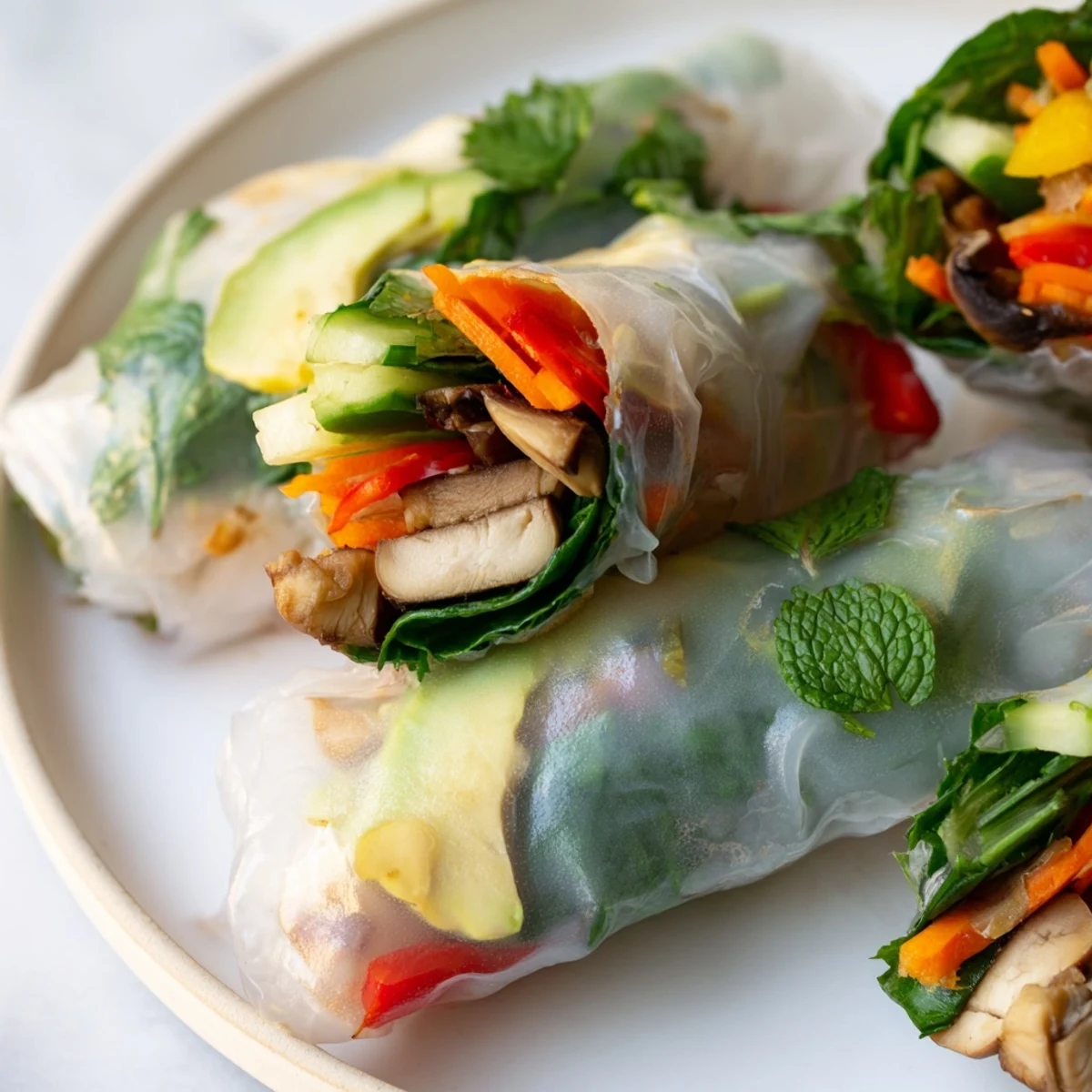 Avocado Shiitake Spring Rolls arranged on a plate with colorful vegetables and tangy dipping sauce
