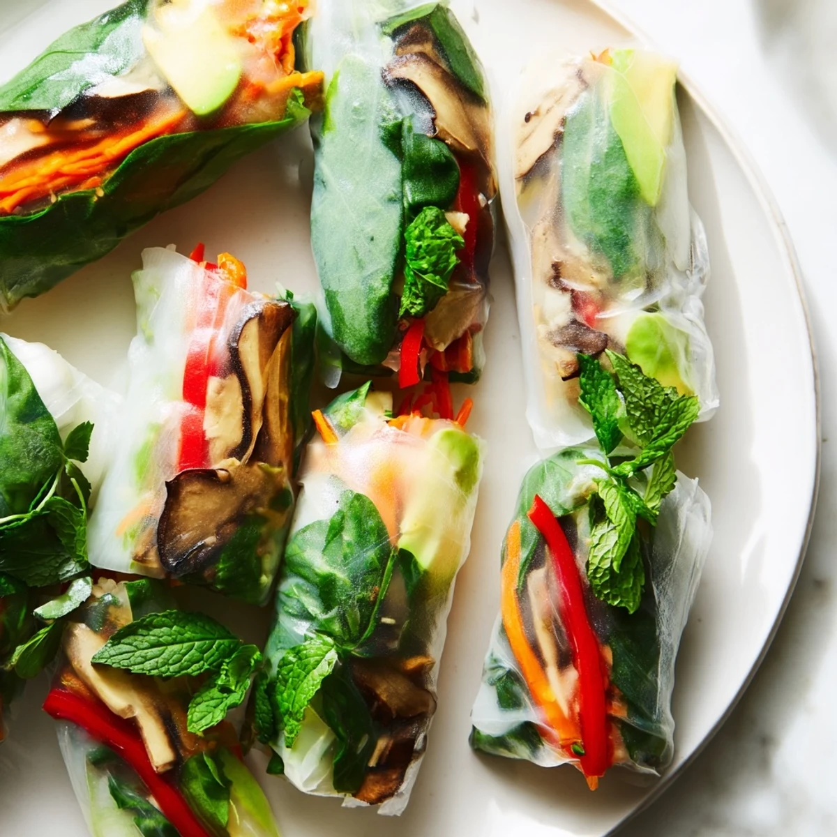 Fresh Avocado Shiitake Spring Rolls wrapped in translucent rice paper with crisp julienned vegetables