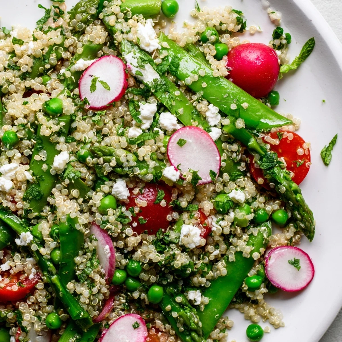 Spring Vegetable Quinoa Salad in a white bowl with crisp asparagus, radishes, and fresh herbs