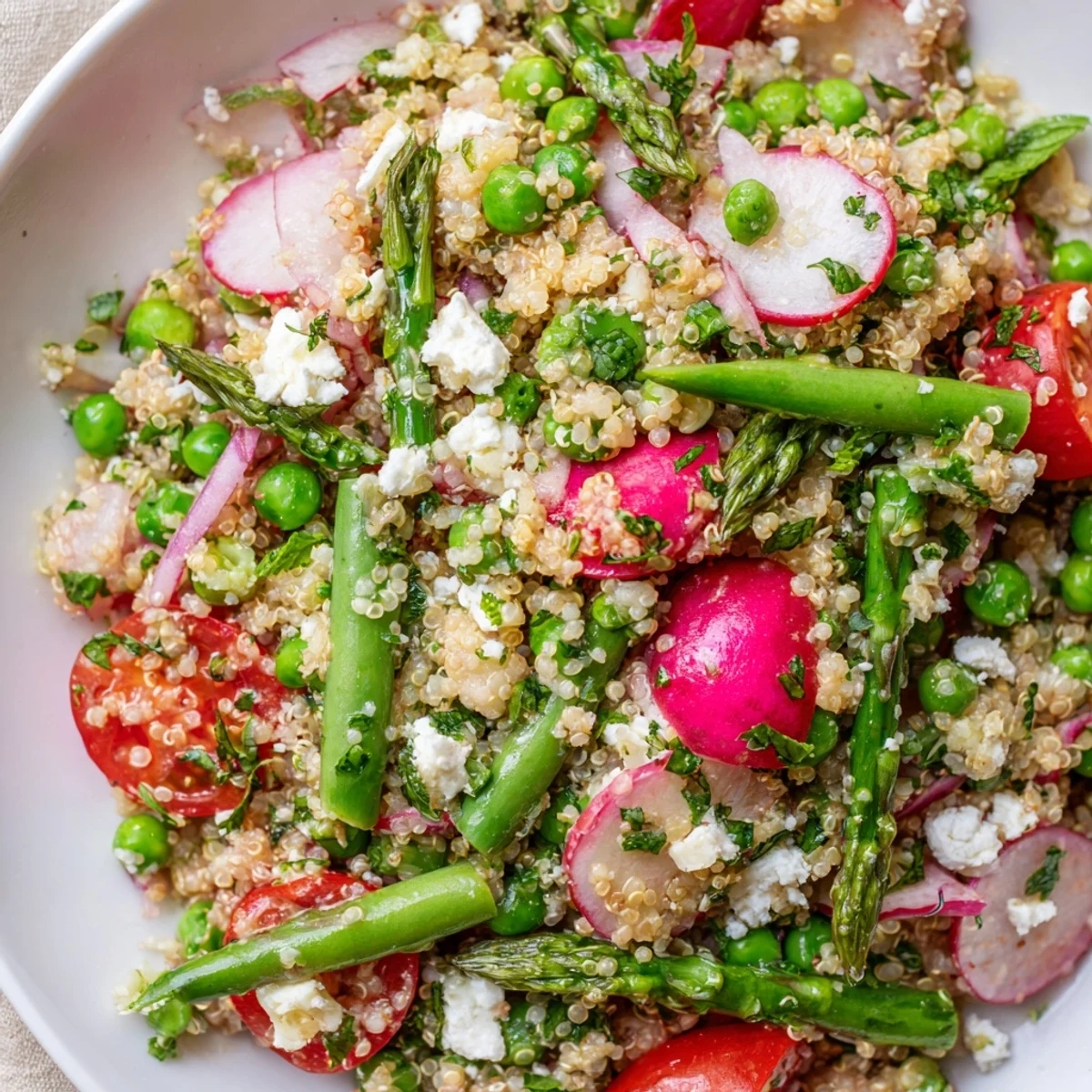 Fluffy quinoa tossed with vibrant spring vegetables and zesty lemon-herb vinaigrette in a serving dish