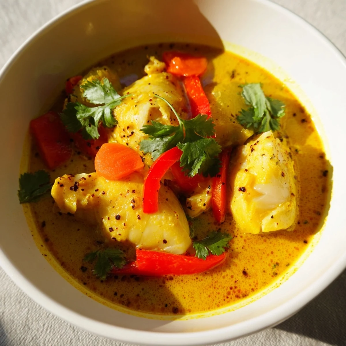 White fish stew simmered in rich coconut milk with colorful bell peppers and aromatic spices