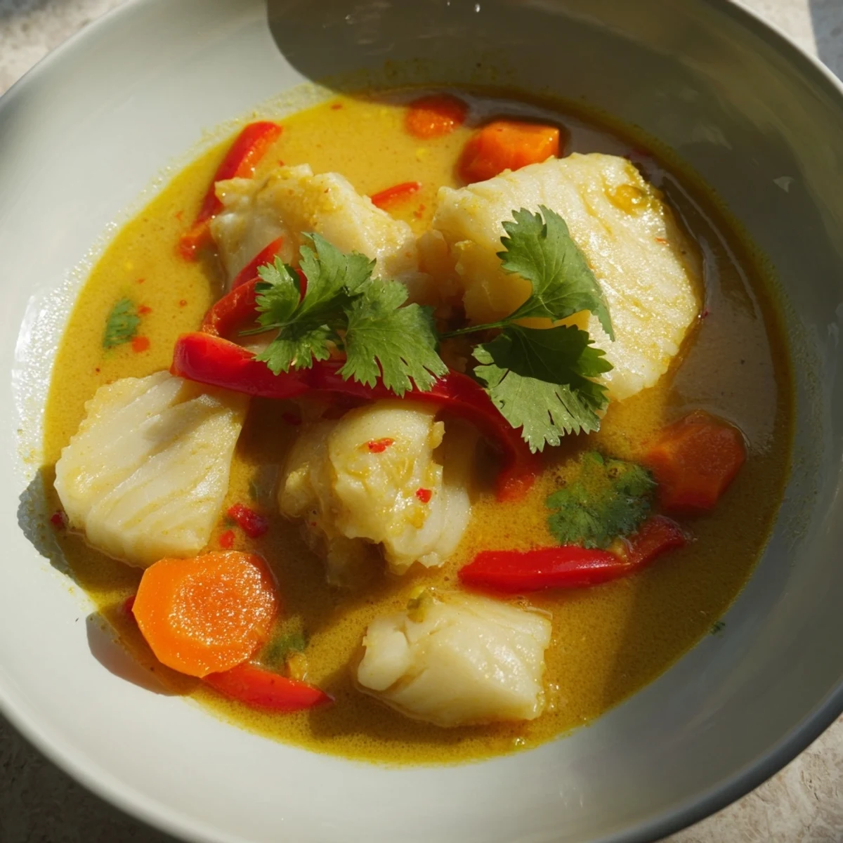 Creamy coconut white fish stew in golden broth with tender vegetables and fresh cilantro garnish