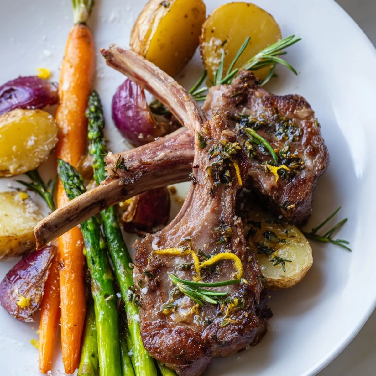 Herb-roasted lamb chops with baby potatoes and carrots on a sheet pan for Easter dinner