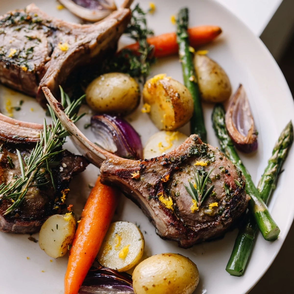 Golden sheet pan Easter dinner with rosemary lamb chops, roasted vegetables, and fresh lemon wedges