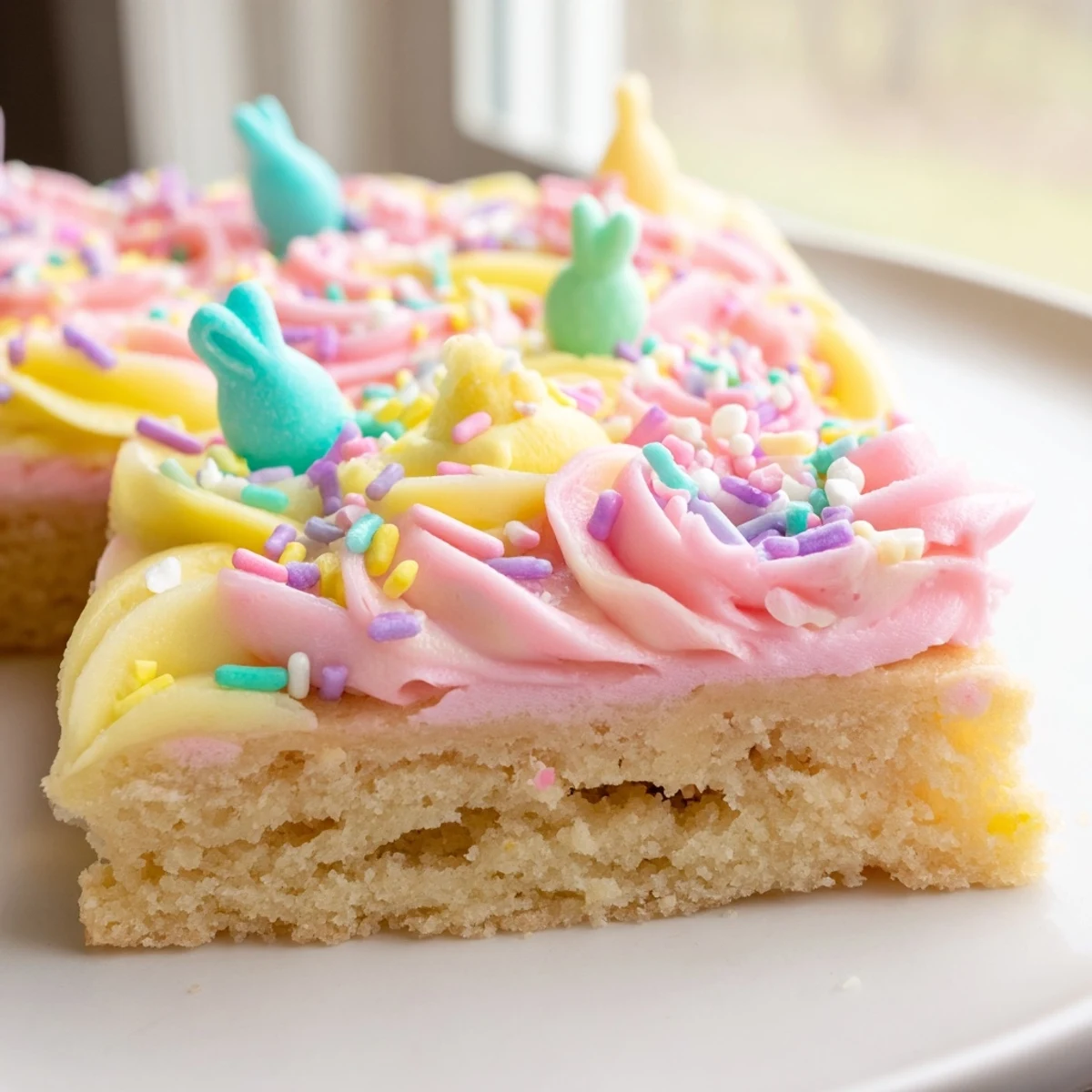 Soft Easter sugar cookie bars with swirled pastel frosting and colorful festive sprinkles