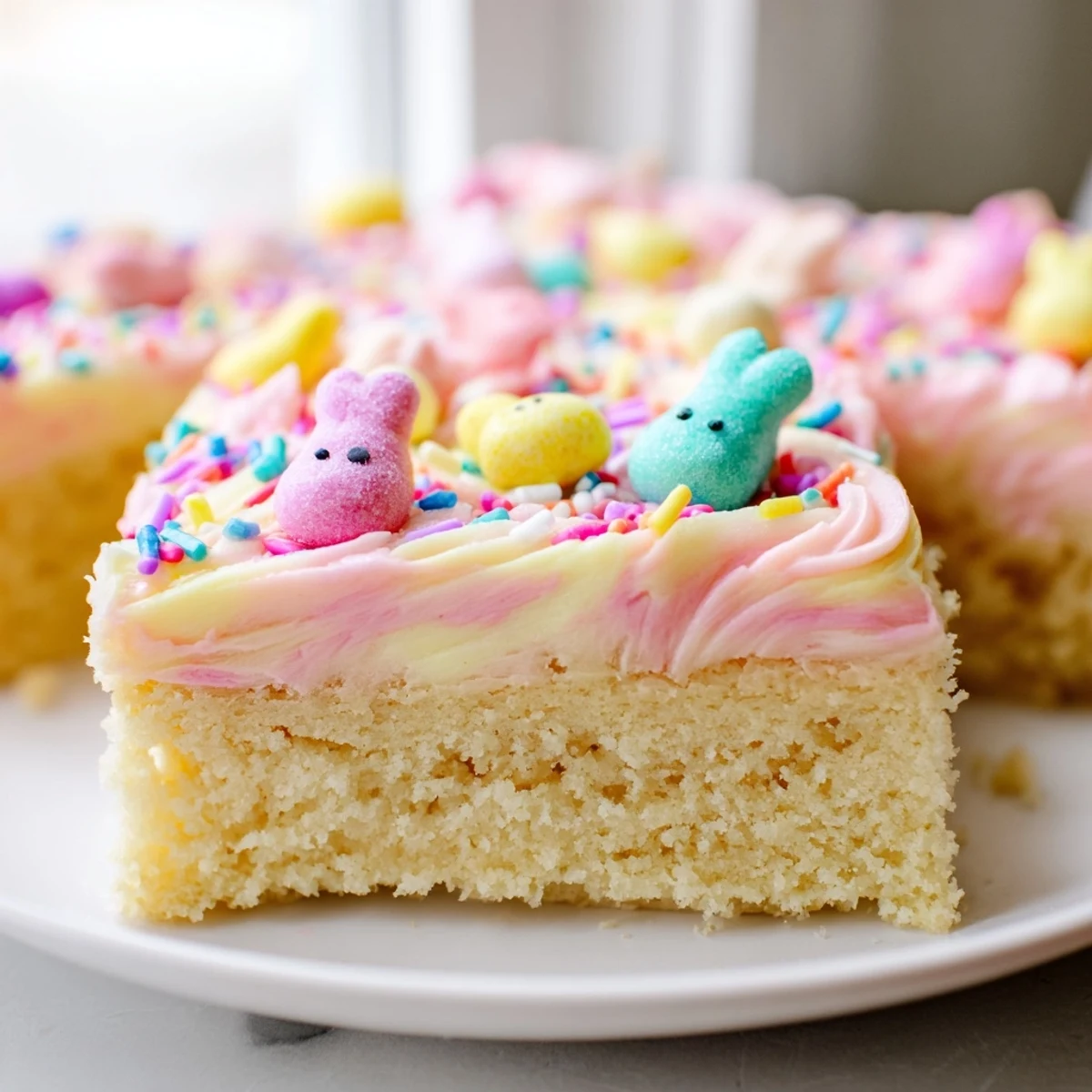 Thick-cut Easter sugar cookie bars showing tender vanilla crumb beneath creamy pink buttercream