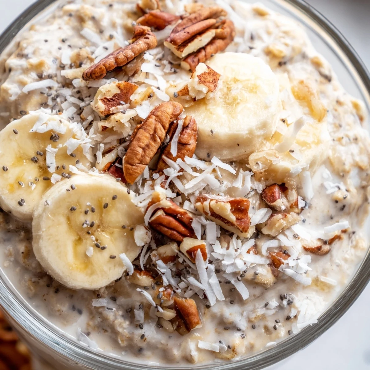 Coconut cream pie overnight oats served cold with crunchy toasted pecans and banana slices