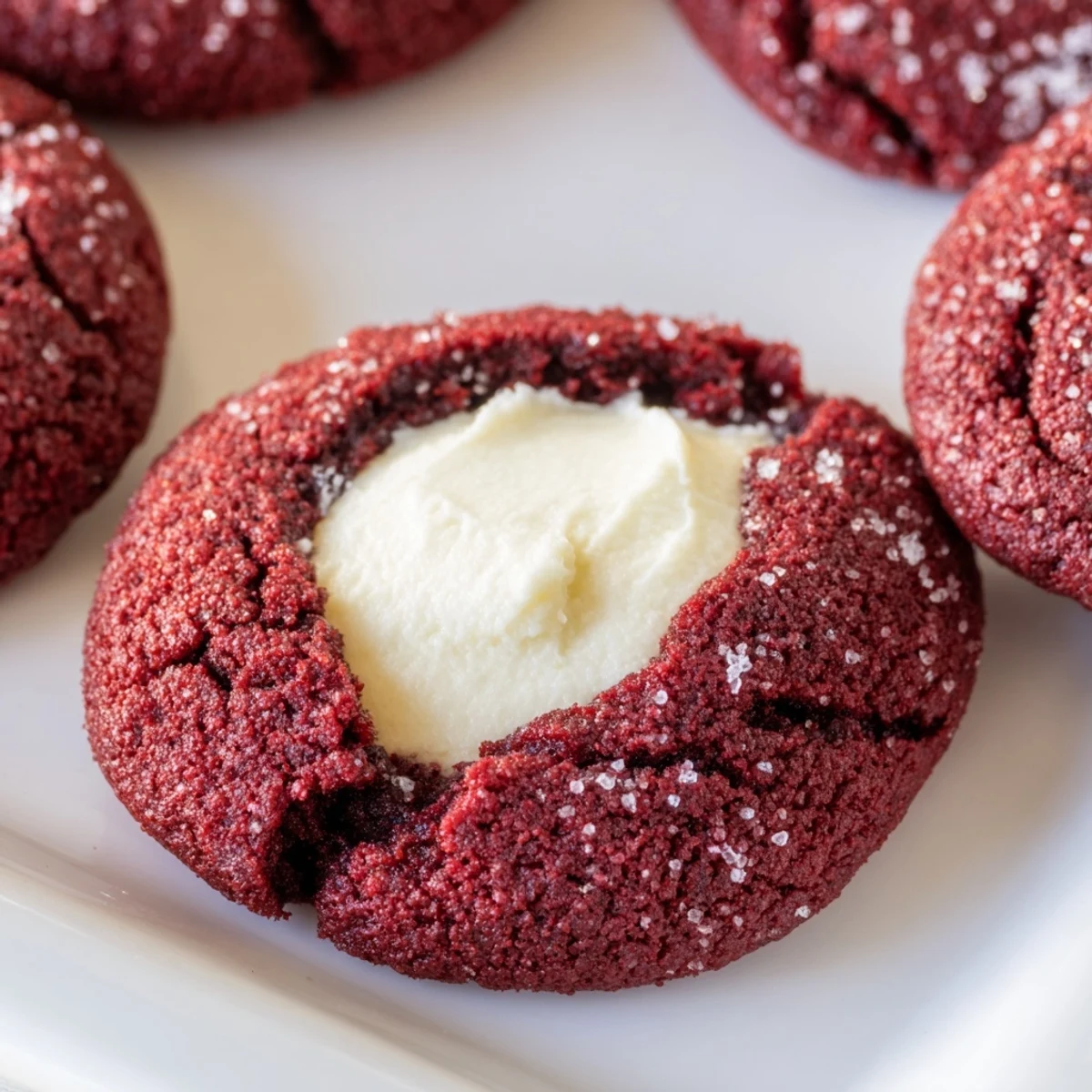 Bright red velvet thumbprint cookies fresh from the oven with tender cocoa centers