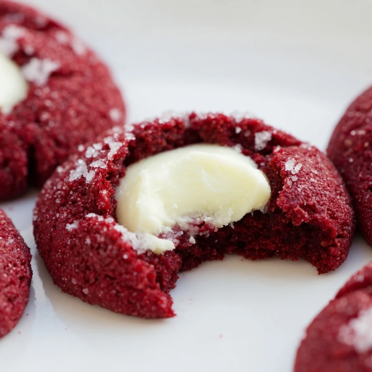 Red velvet thumbprint cookies with creamy cheesecake filling on a white serving plate