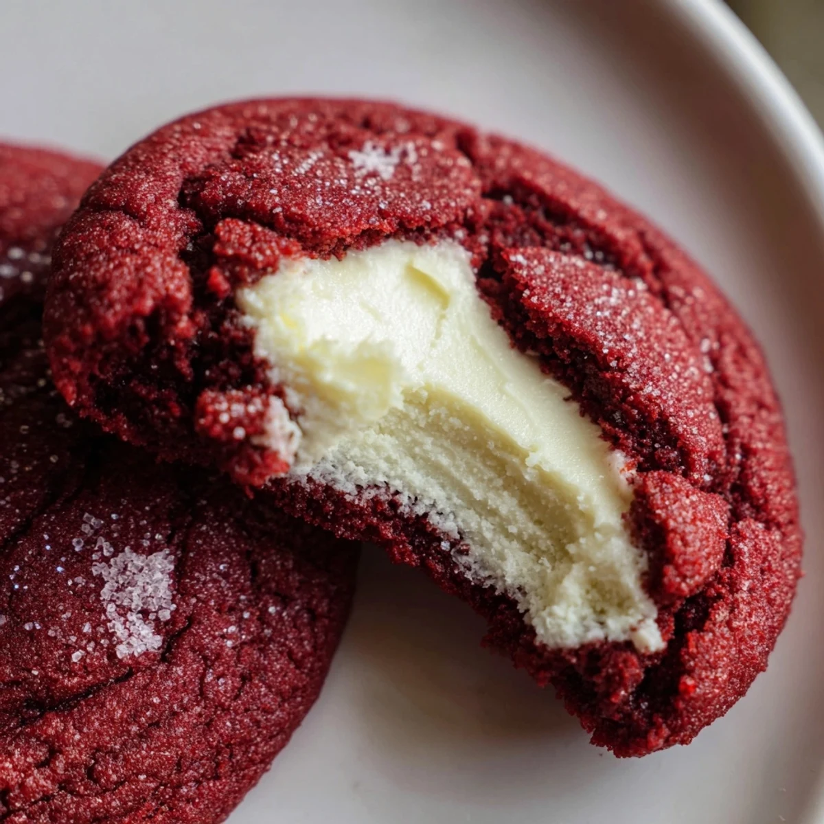 Soft red velvet thumbprint cookies topped with smooth cream cheese frosting indents displayed
