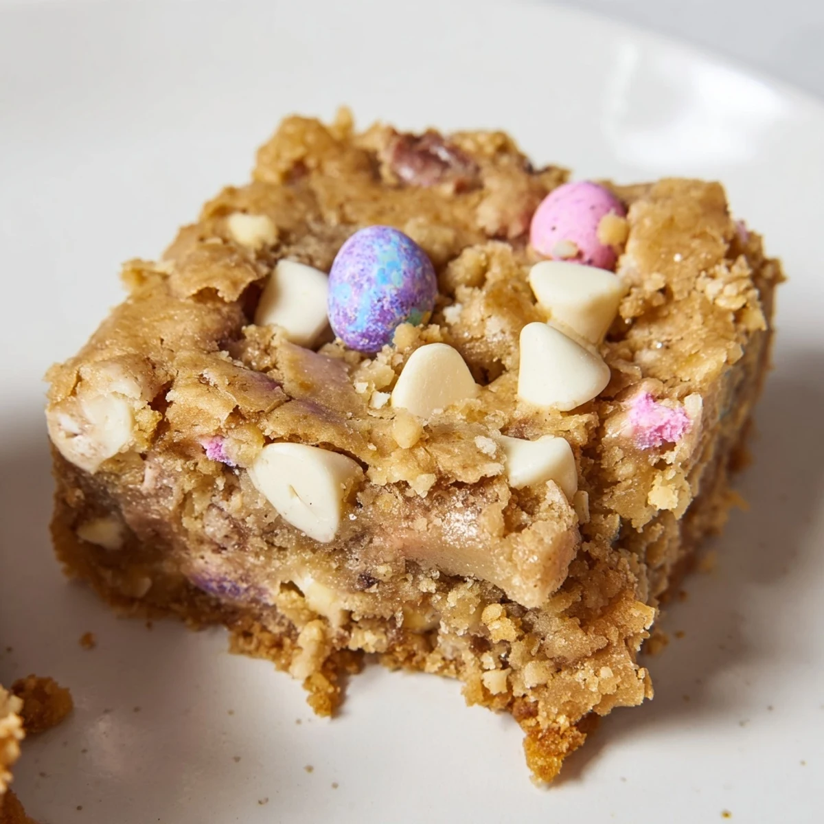 Fresh baked Cadbury Mini Egg blondies with crisp pastel candy coating visible