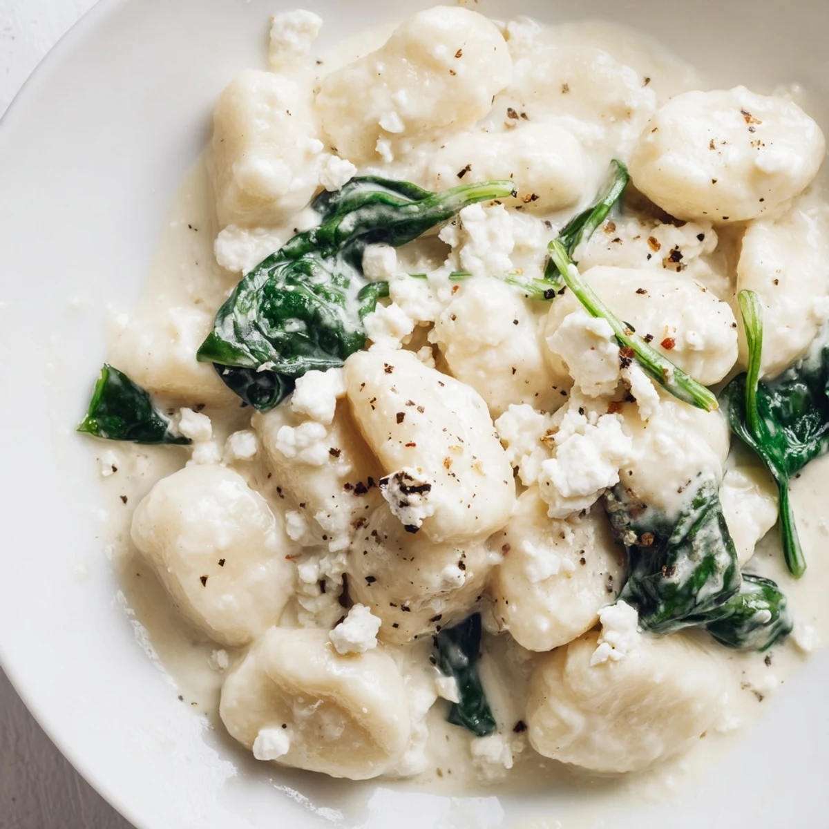 Creamy gnocchi with spinach and feta topped with crumbled cheese and fresh herbs