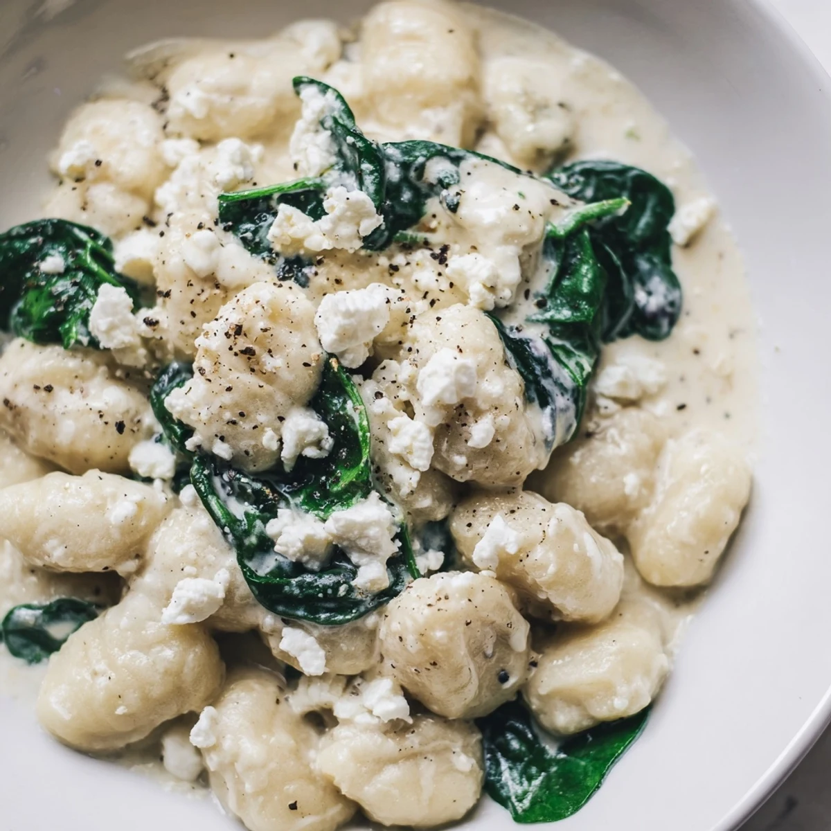 Soft pillowy gnocchi with spinach and feta swimming in rich velvety white sauce