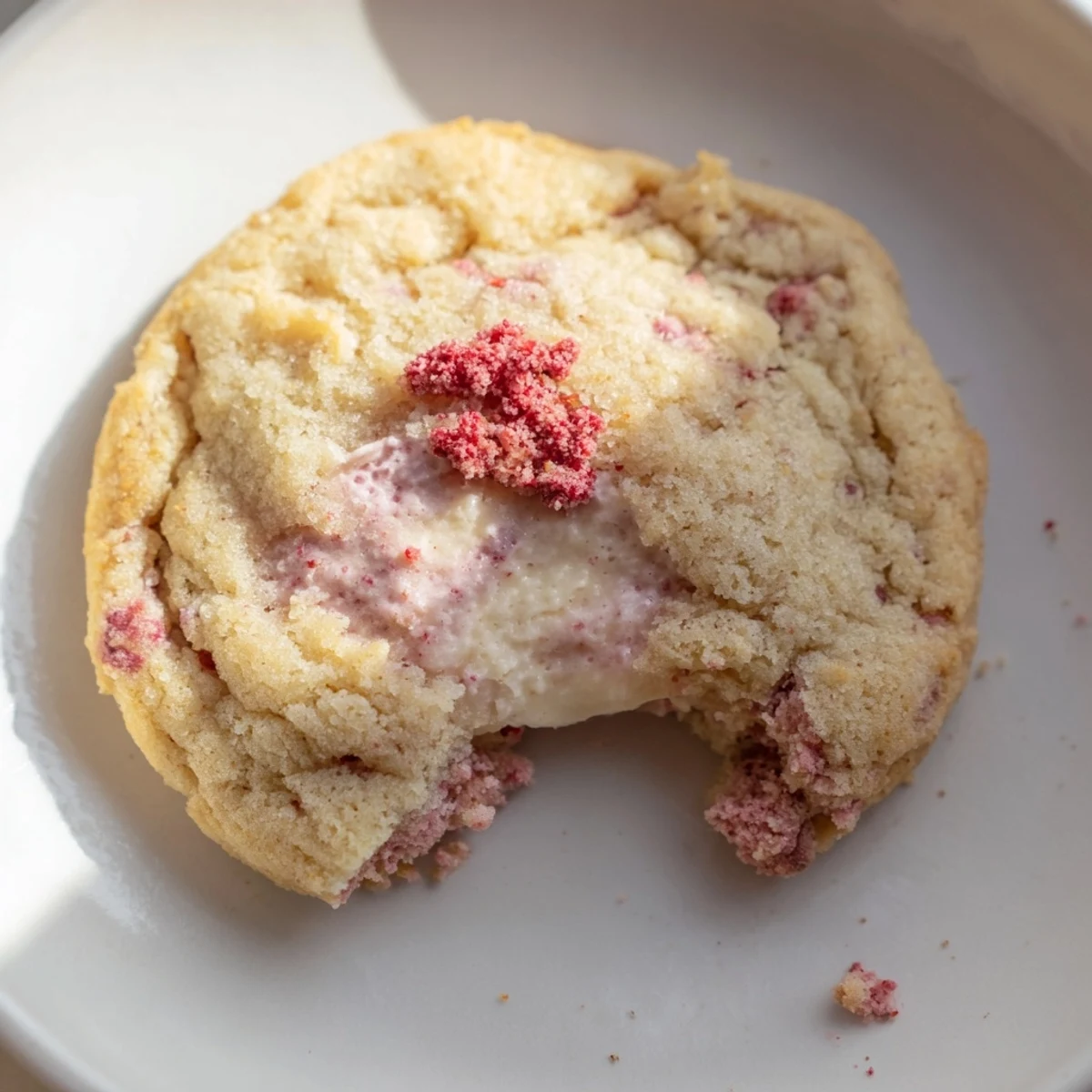 Soft strawberry cheesecake cookies with creamy centers on a white ceramic plate