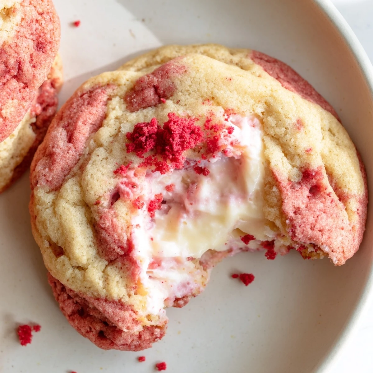 Golden-baked strawberry cheesecake cookies dusted with crushed freeze-dried berries for garnish