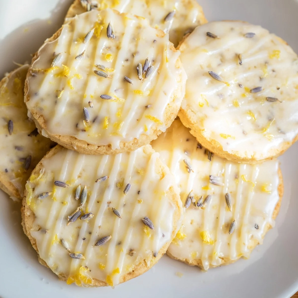 Iced Lemon Lavender Shortbread Cookies drizzled with bright citrus icing on a rustic serving board