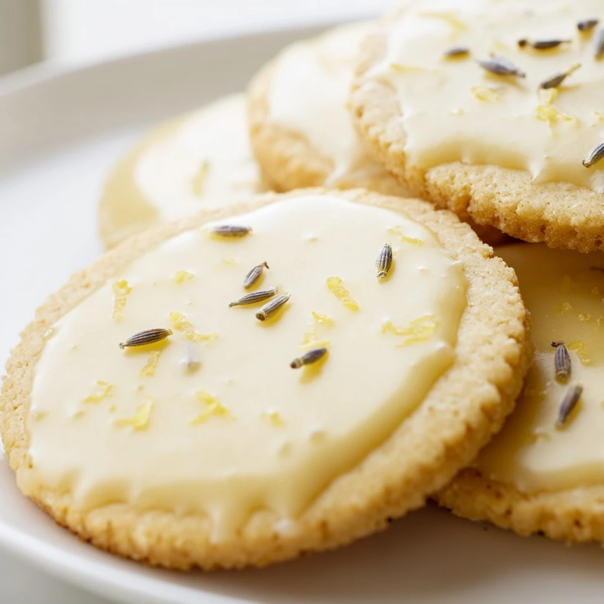 Buttery Iced Lemon Lavender Shortbread Cookies topped with delicate lavender buds and sweet glaze