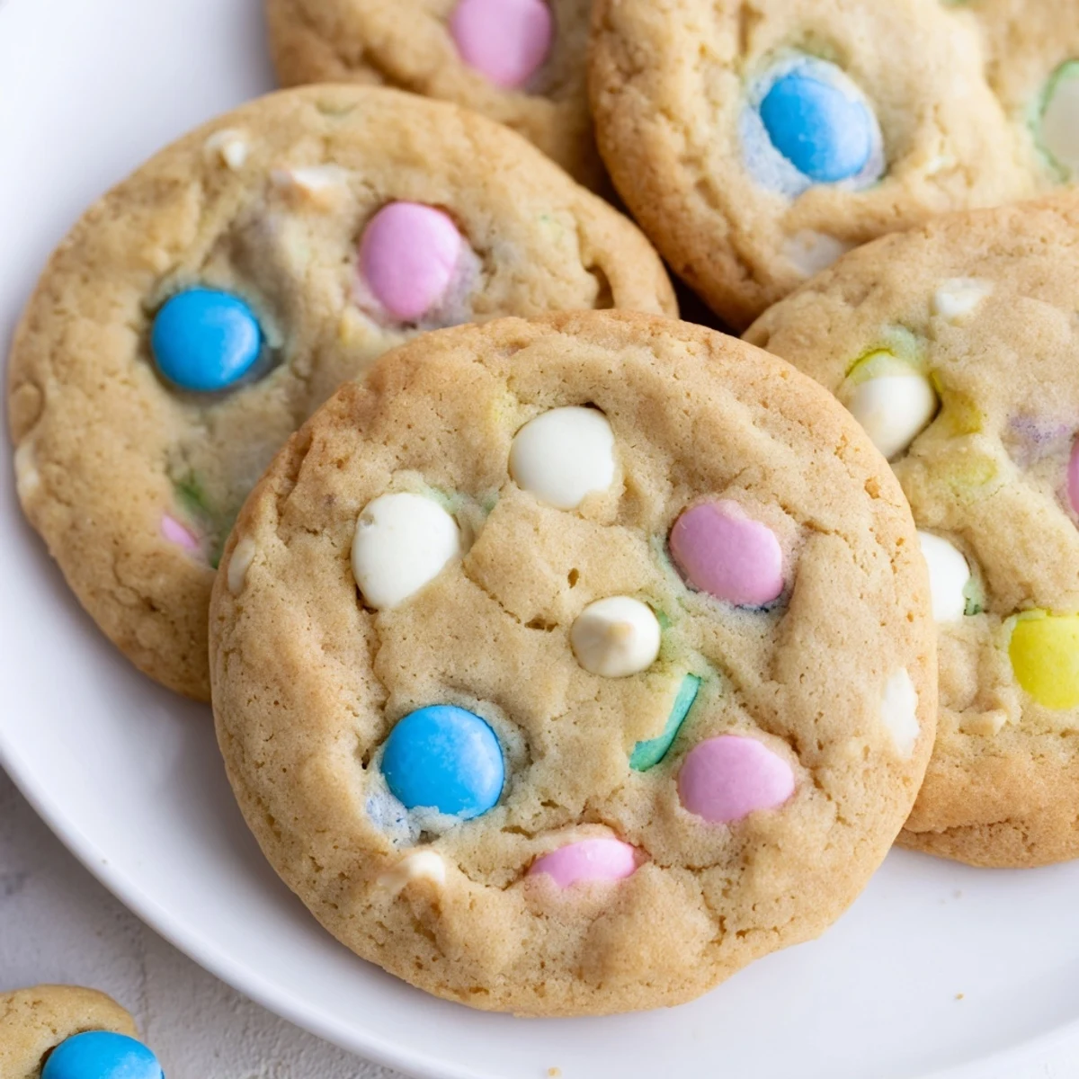 Soft chewy M&M bunny cookies with colorful pastel candies on rustic baking sheet