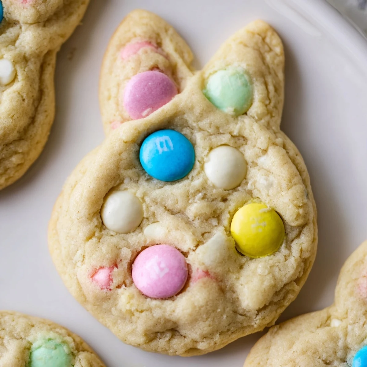 Golden brown Easter bunny cookies studded with bright chocolate candies ready to serve