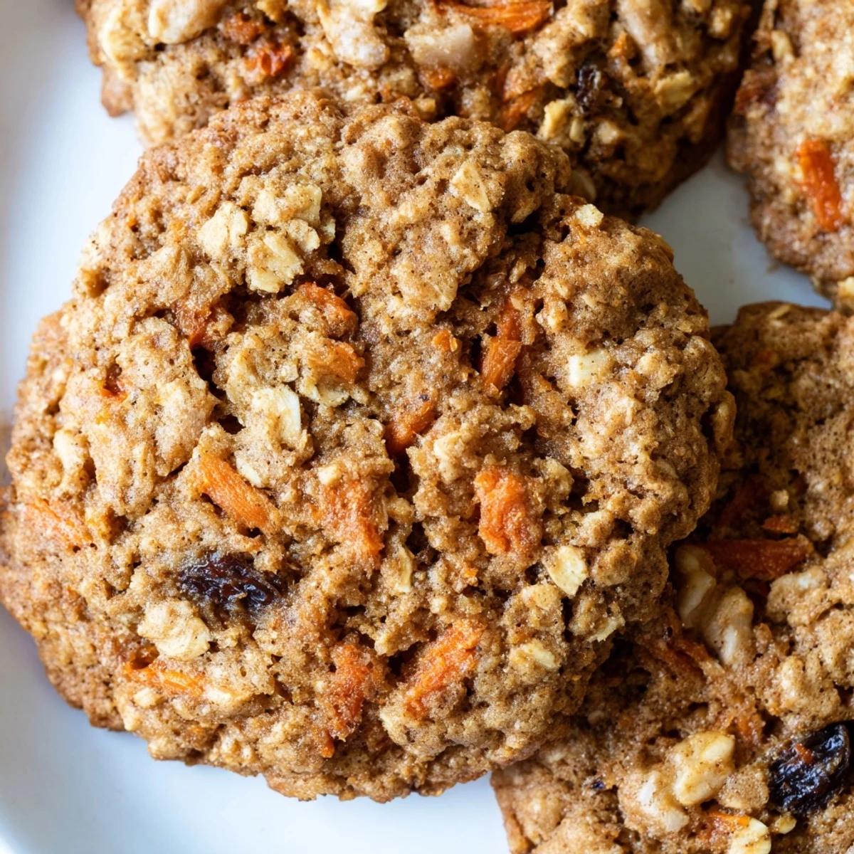 Golden chewy carrot cake cookies stacked on a cooling rack with speckled oat texture