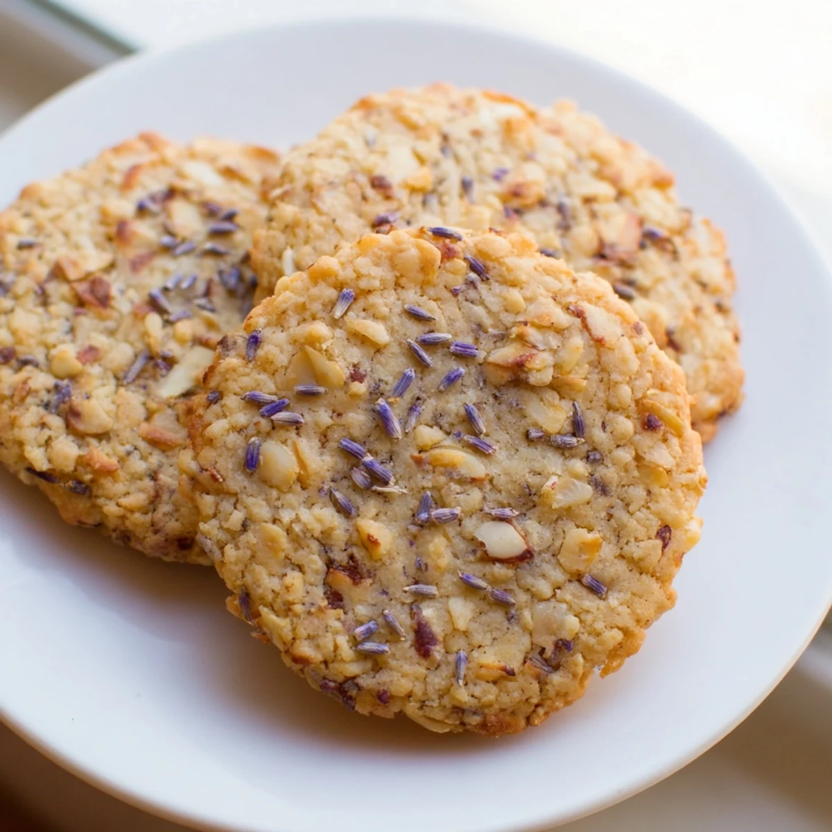 Golden lavender honey crunch cookies with chopped nuts arranged on a rustic wooden board