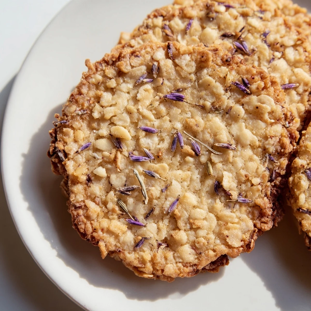 Crisp lavender honey crunch cookies cooling on a wire rack with visible specks of purple