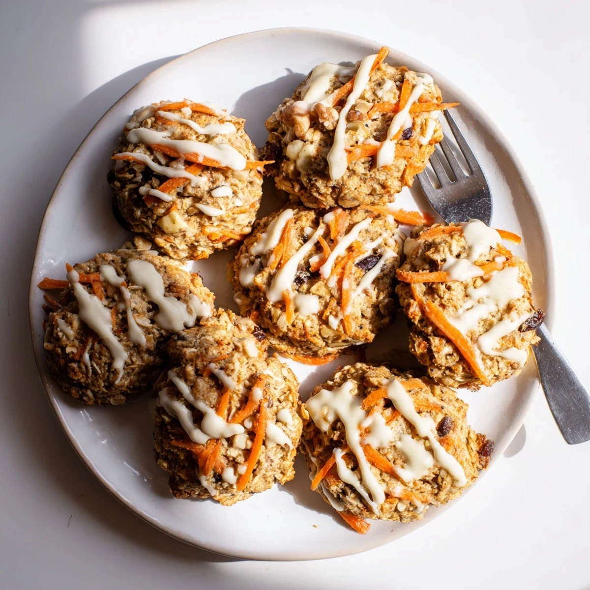 Soft carrot cake cookies with creamy white drizzle on rustic wooden serving board
