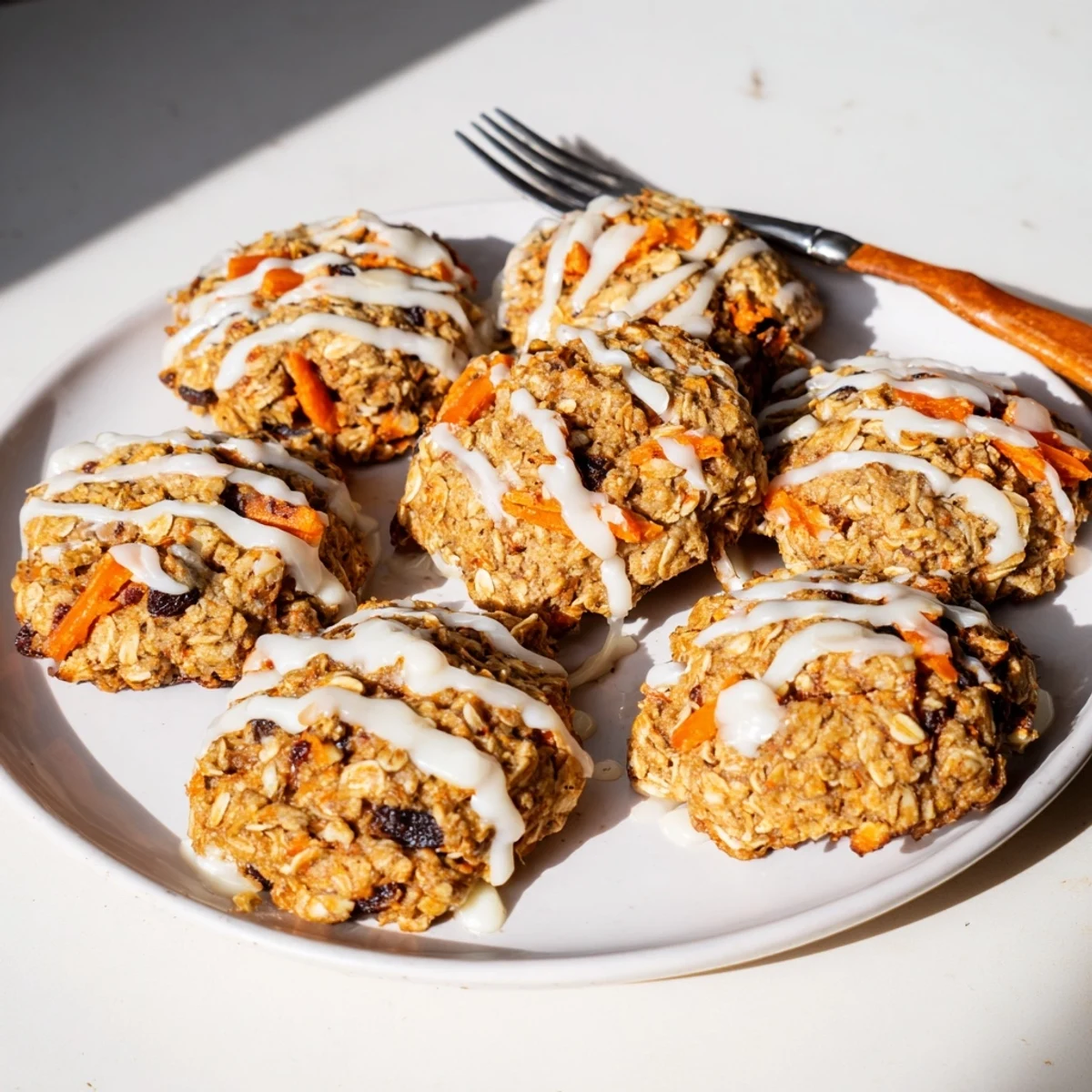 Golden spiced carrot cake cookies topped with sweet cream cheese frosting close-up view
