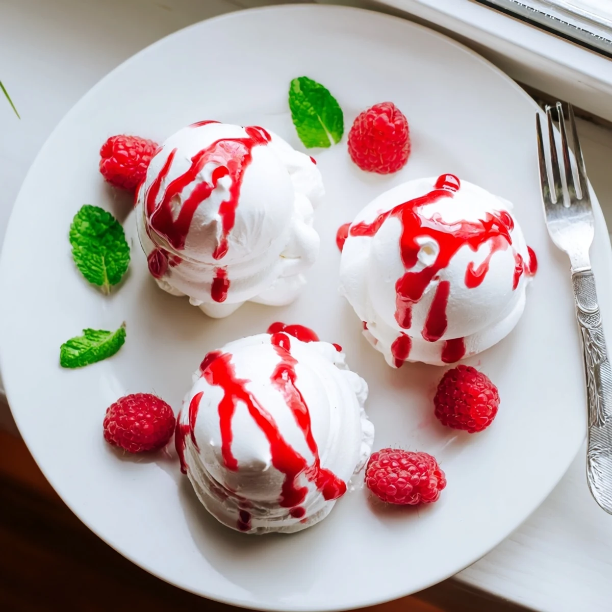 Crispy Pavlova Bombs With Raspberry Coulis topped with fresh berries and mint leaves