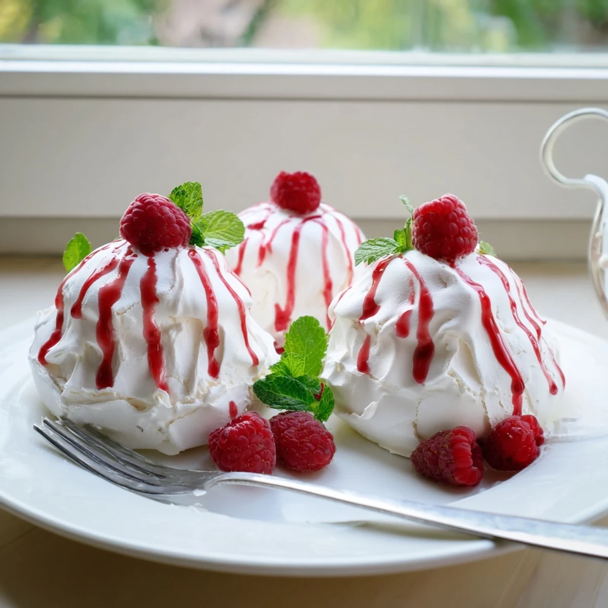 Cream-filled Pavlova Bombs With Raspberry Coulis drizzled in vibrant red berry sauce