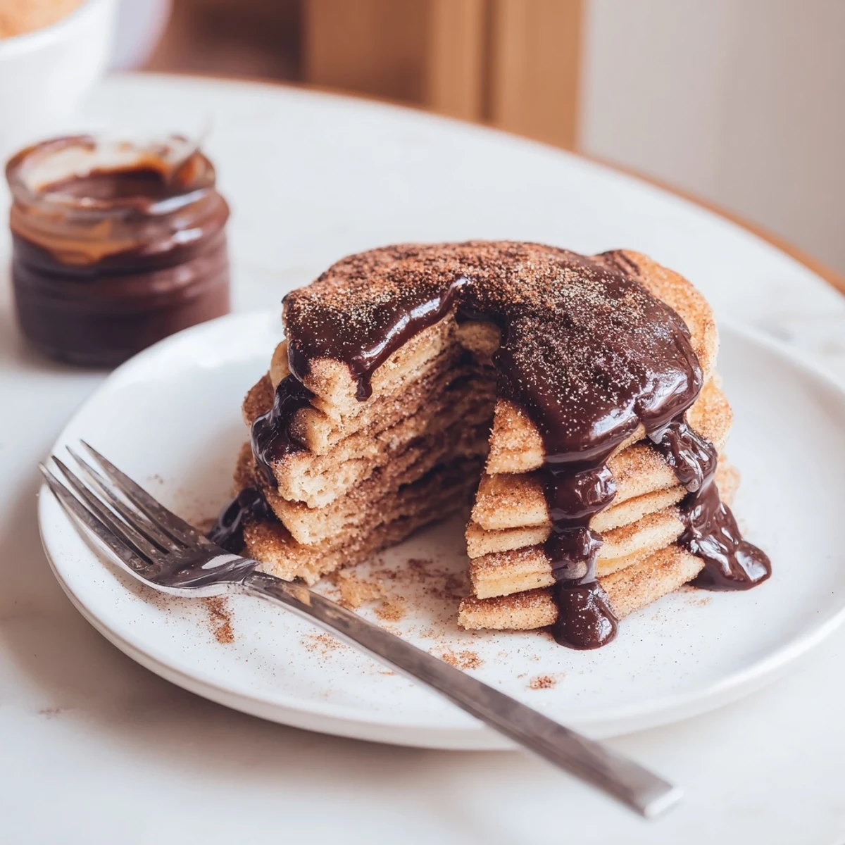 Golden Spanish Churro Pancakes stacked high with rich chocolate sauce drizzled generously on top