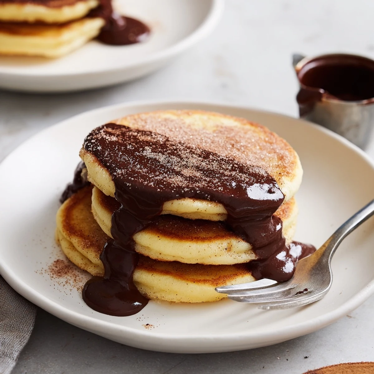 Fluffy Spanish Churro Pancakes dusted with cinnamon sugar and served with warm dipping chocolate