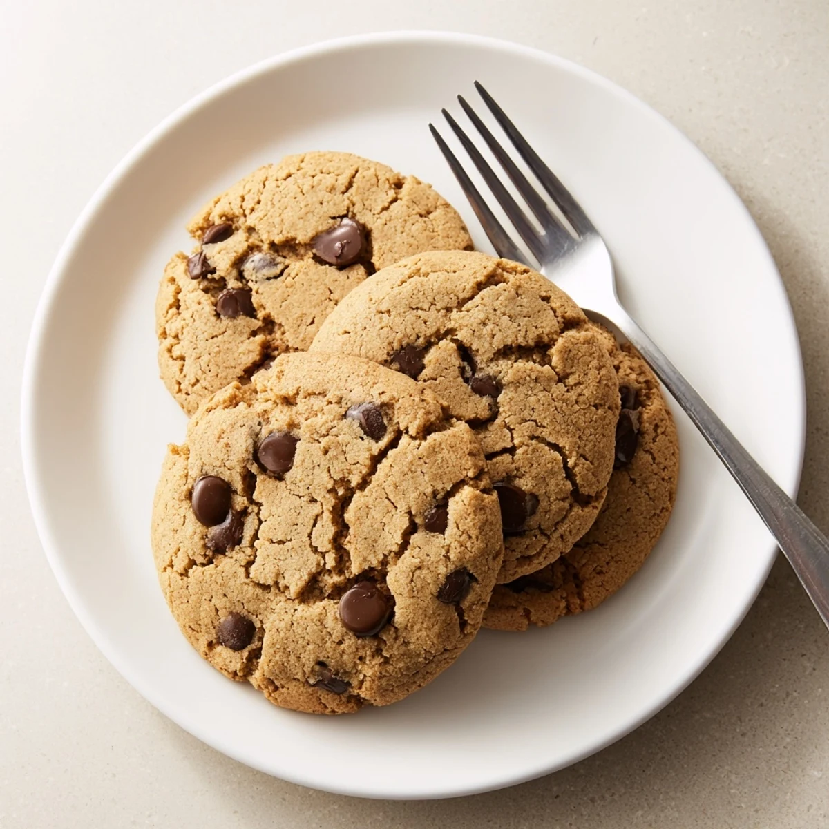 Soft nut free chocolate chip cookies with golden edges stacked on a cooling rack