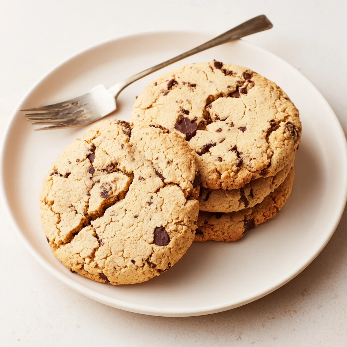 Freshly baked nut free chocolate chip cookies with melty chocolate chips on parchment paper