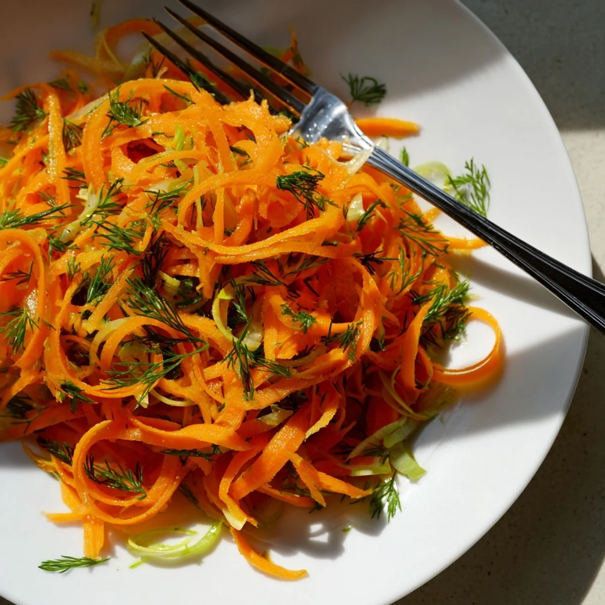 Crisp julienned carrots glistening in tangy lemon dill dressing served in a white bowl