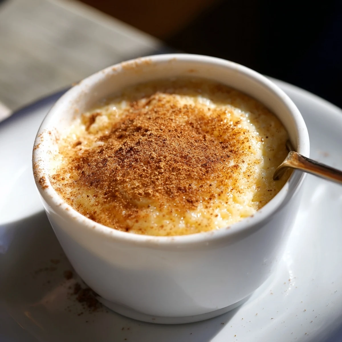 Silky Portuguese rice custard with golden caramelized cinnamon crust in individual serving dishes