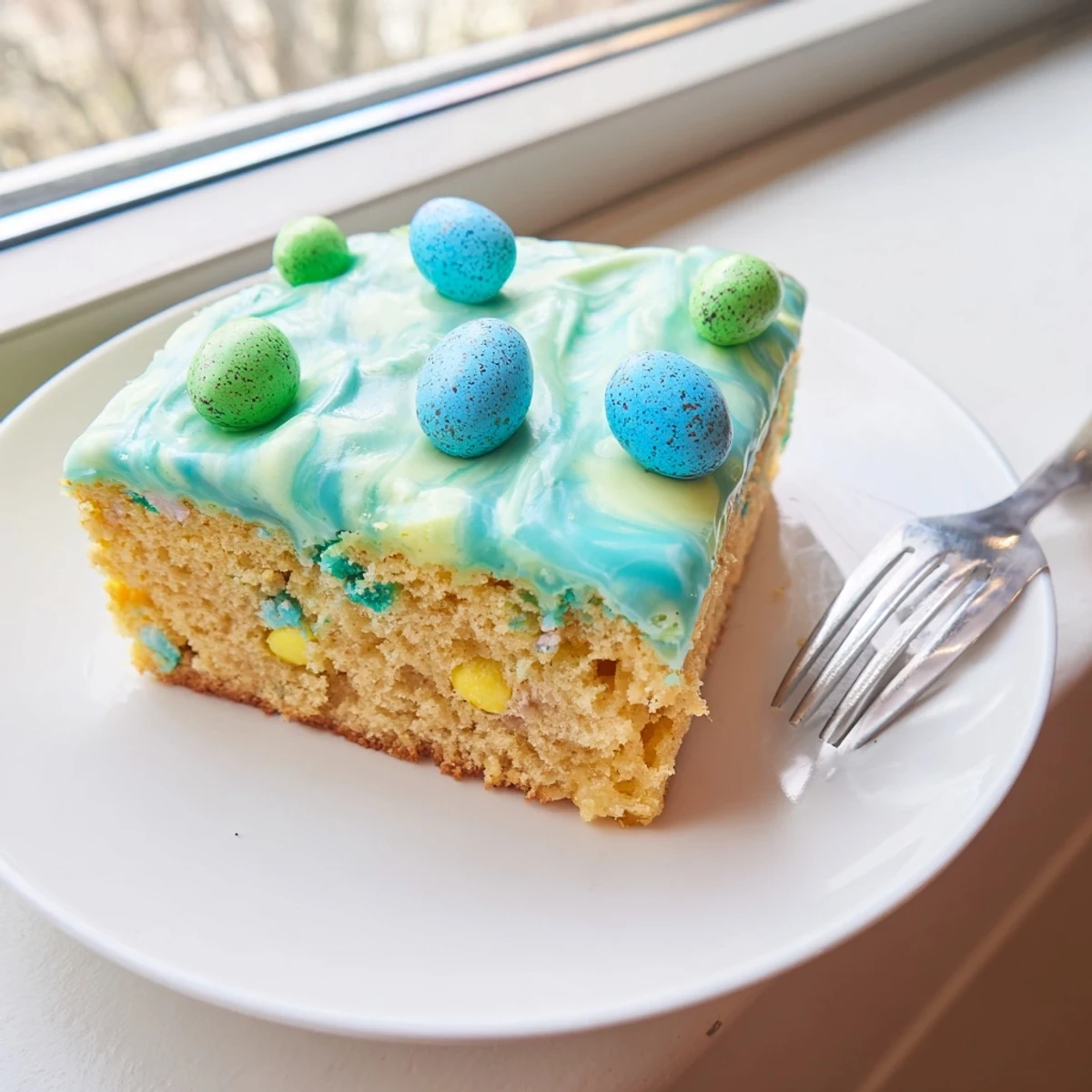 Tender Robin Egg snack cake topped with pastel glaze and colorful candy-coated chocolate eggs