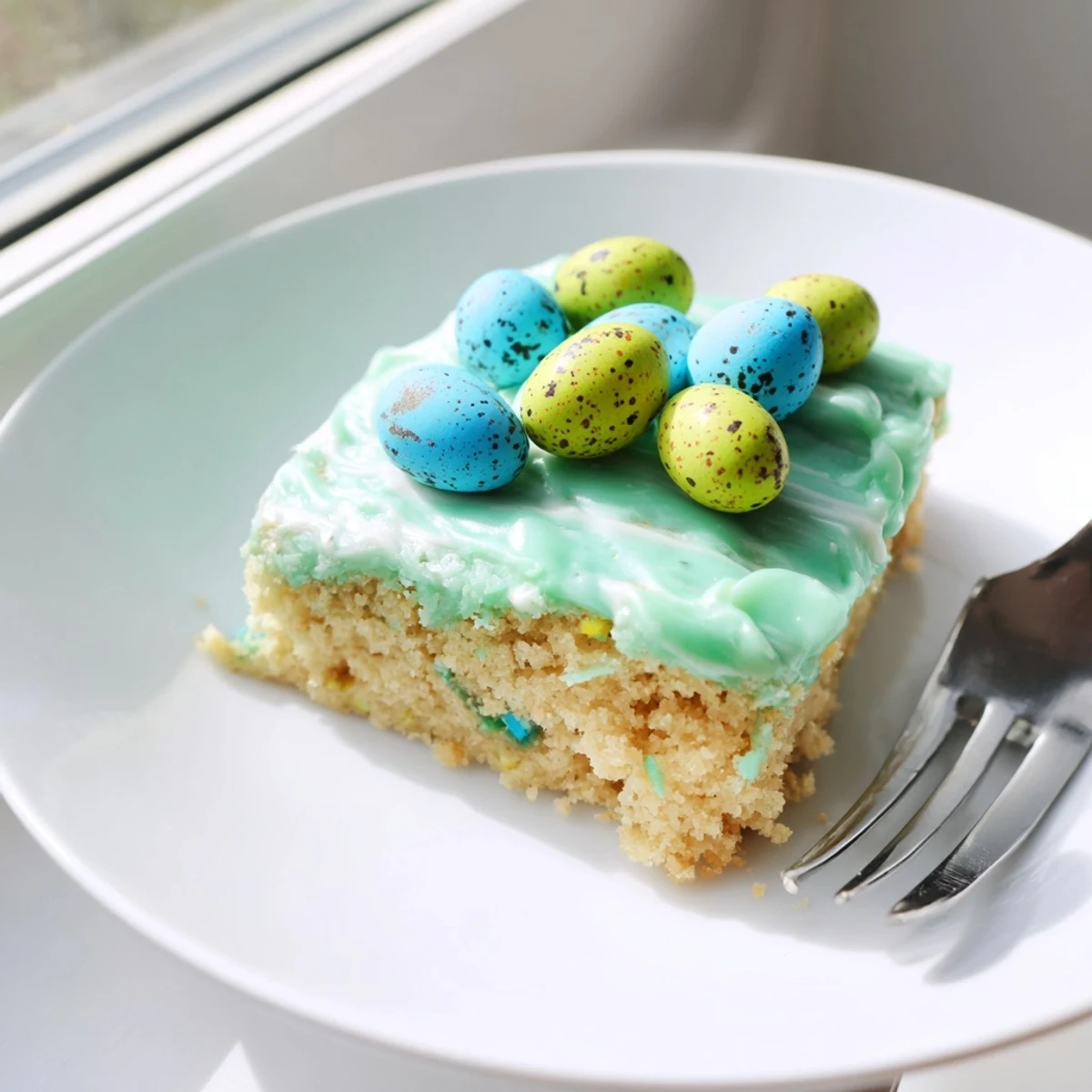 Moist vanilla Robin Egg snack cake studded with crushed malted candies on a rustic cutting board